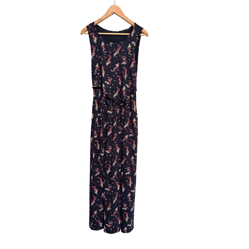 Latched Mama Mermaid Print Nursing Maxi Dress Navy Blue Small Sleeveless